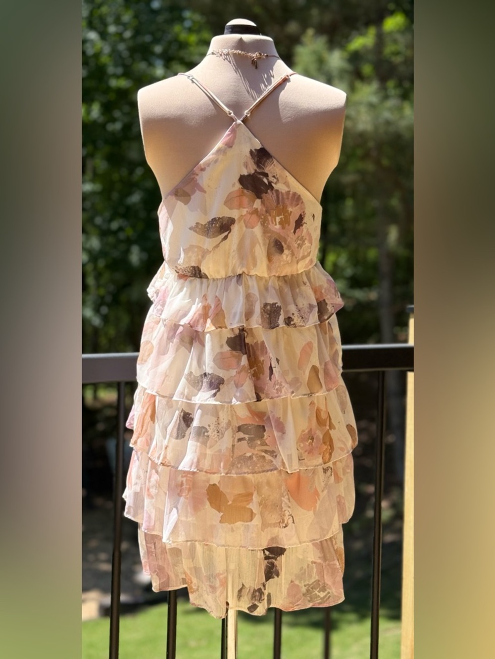 Illa Illa Floral Tiered Ruffle Mini Dress S Cream Blush Open Back - Picture 4 of 8